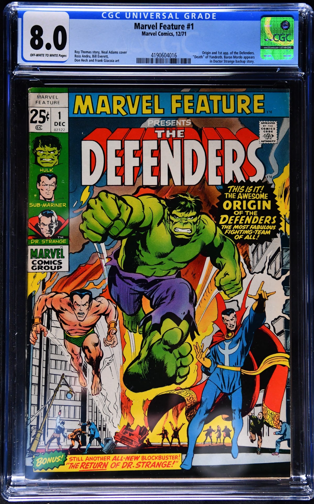 Marvel Feature #1 (1971) CGC 8.0 1st Defenders Neal Adams Hulk Dr Strange