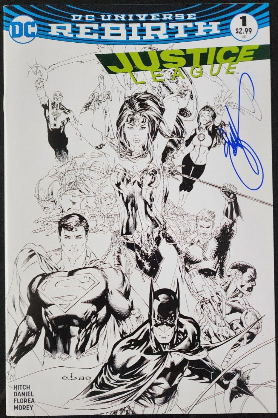 Justice League #1 Signed Ebas Most Good Hobby B&W Sketch Variant DC 2016 Rebirth