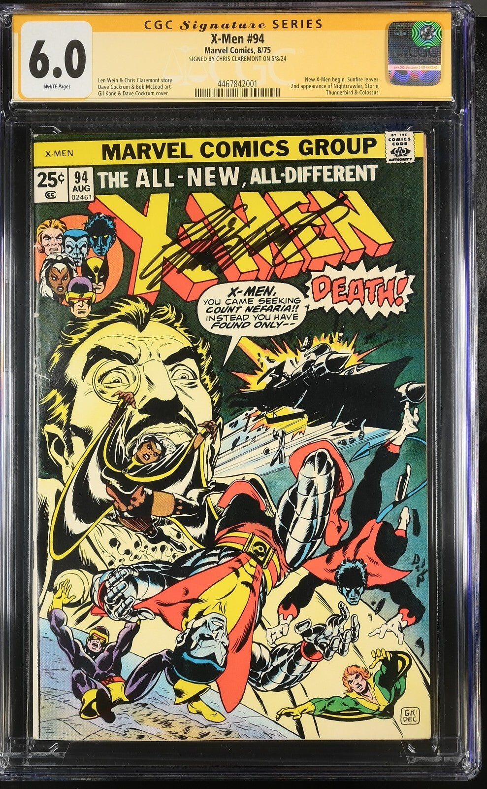 X-Men #94 CGC 6.0 White Pages SS Signed by Chris Claremont 1975